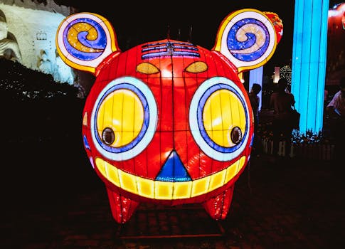 Colorful lantern shaped like a cartoon character, illuminated during a night festival event.