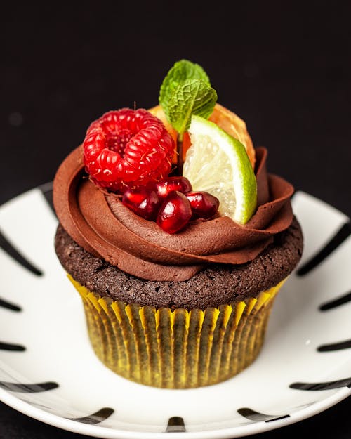 Chocolate Cupcake with Cream and Fruit 