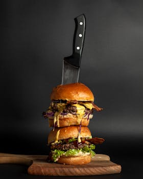 Vertical shot of a double cheeseburger stacked on a wooden board with a knife, perfect for gourmet food themes.