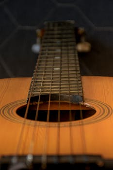 Detailed close-up of an acoustic guitar focusing on strings and frets for music enthusiasts.