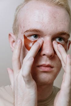 Young man applying skincare eye patches; focus on self-care routine.