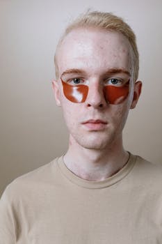 A man with red eye patches focuses on skincare for a fresh appearance.