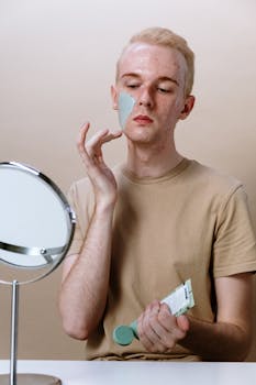 Young adult man applying a clay mask in front of a mirror, part of his skincare routine.