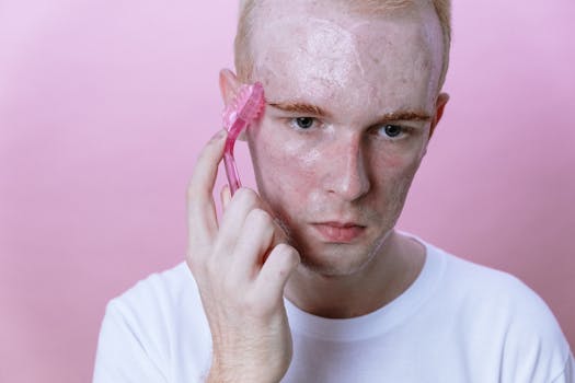 Young man using a pink facial roller on his face against a pink background.