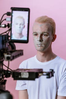 A man with a clay mask sits in a film studio, filmed against a pink background.