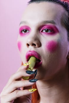 Artistic portrait of a person with vibrant pink makeup and a unique accessory on a pink background.