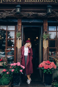 Fashionable woman in a maroon coat stands at a shop entrance, surrounded by colorful flowers.