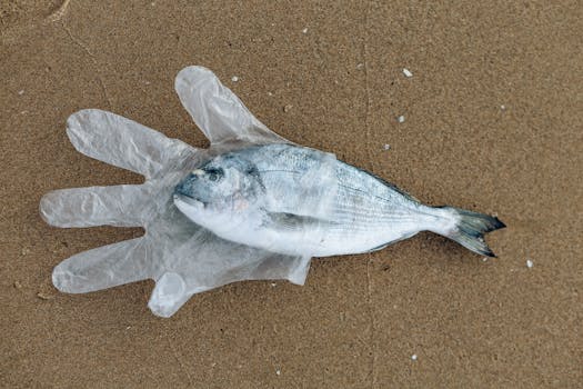 Plastic glove and fish on sandy beach, highlighting ocean pollution issues.