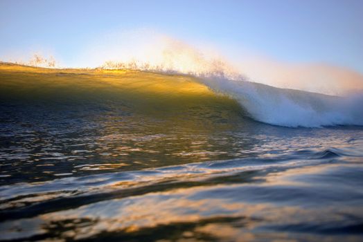 A mesmerizing view of a golden wave as the sun sets, casting a warm glow over the ocean.