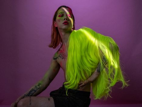 Woman in Green Hair Wearing Black Tank Top