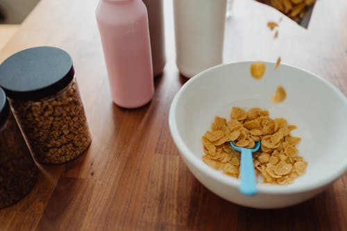 Bowl with Cornflakes on Table