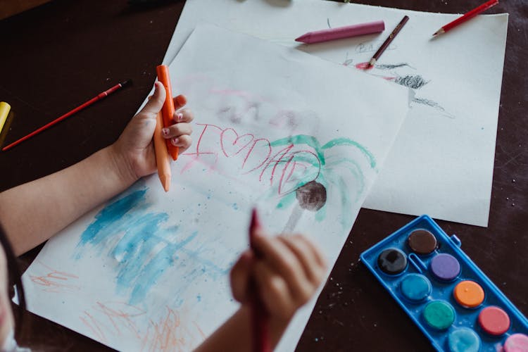 Child Drawing Picture With Love You Dad Inscription 