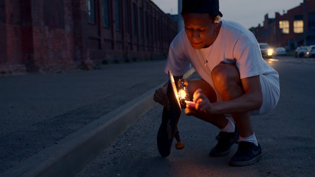 A young skater lighting a firework on his skateboard in an urban setting at night, creating a dramatic scene.