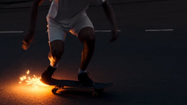 A skateboarder performs a trick at night, creating sparks on the road. Captured in dramatic lighting.