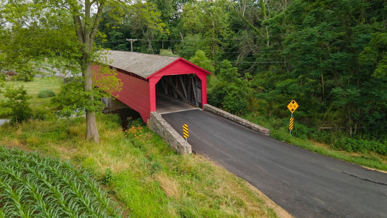 Free stock photo of covered bridge, drone view, maryland