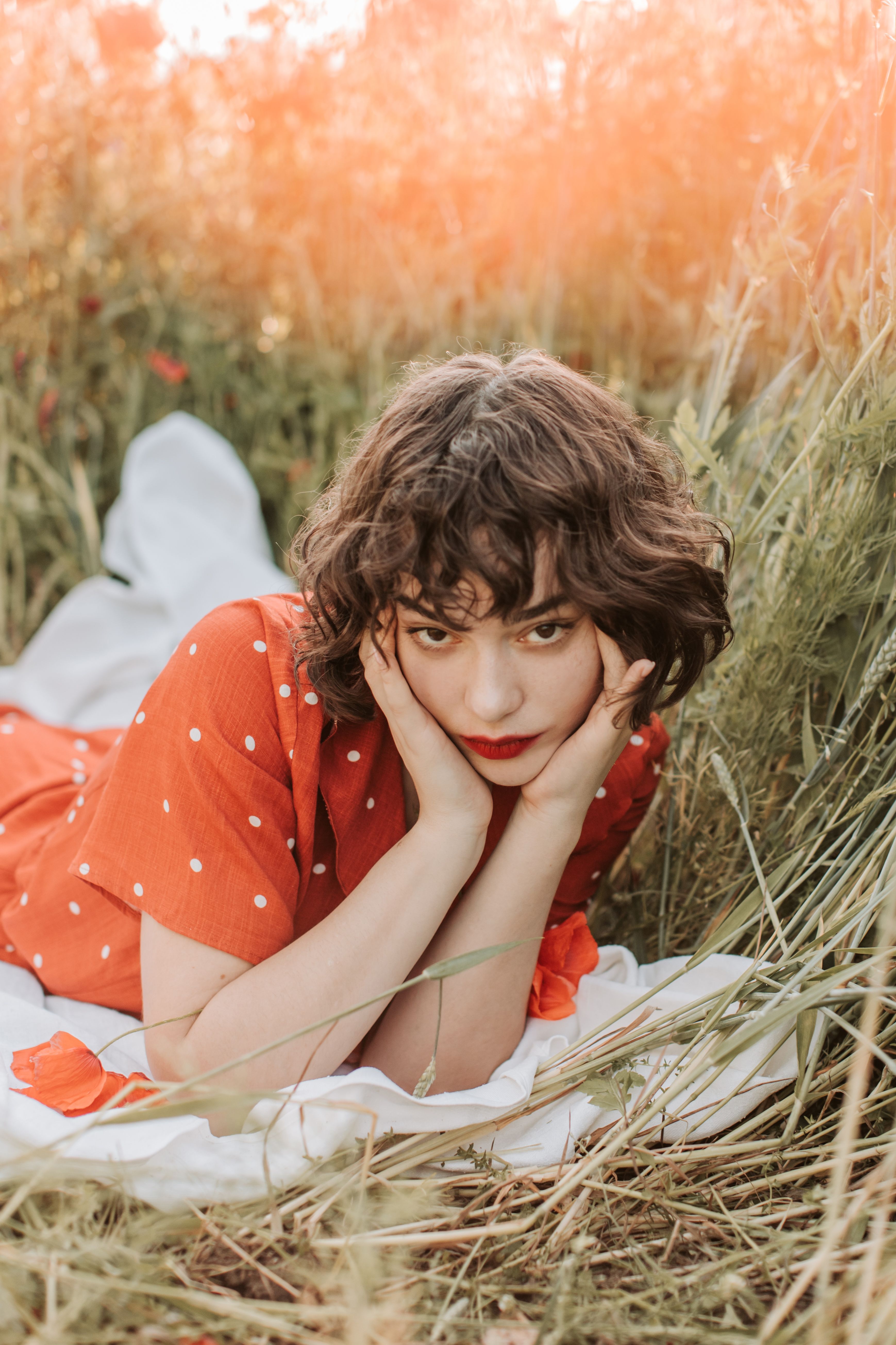 Woman in Red Dress Lying on a Flower Field · Free Stock Photo