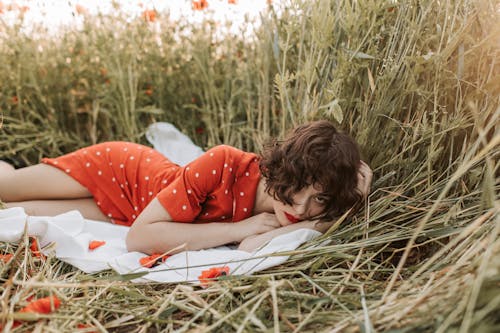 Free A Woman Lying on the Grass Stock Photo