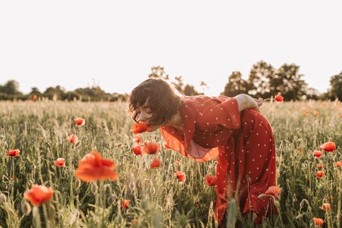 Free A woman in a red polka dot dress bends to smell vibrant poppies in a sunny field. Stock Photo