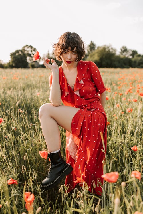 Free Woman in Red Dress Posing in the Field Stock Photo