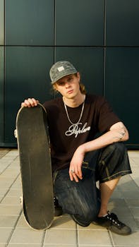 Teenage boy with skateboard kneeling on pavement in casual attire, sunlight accentuating his pose.