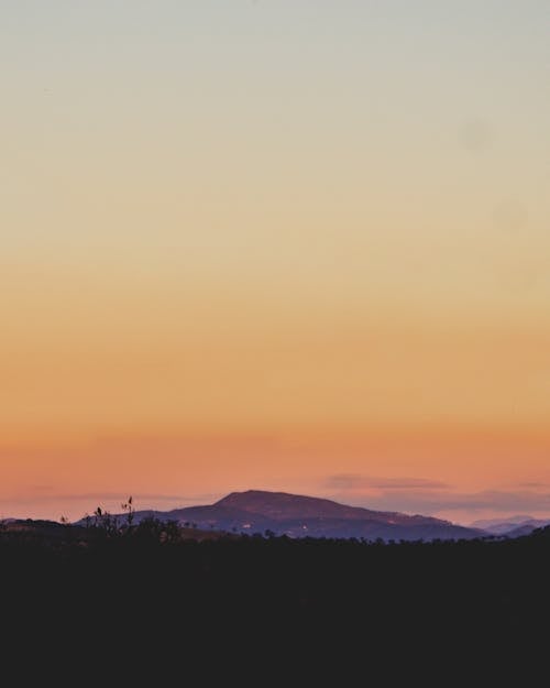 Breathtaking scenery of high mountain surrounded with dark forest at sunset in evening time