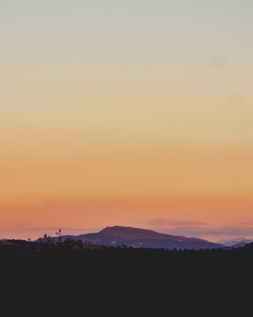 Breathtaking scenery of high mountain surrounded with dark forest at sunset in evening time