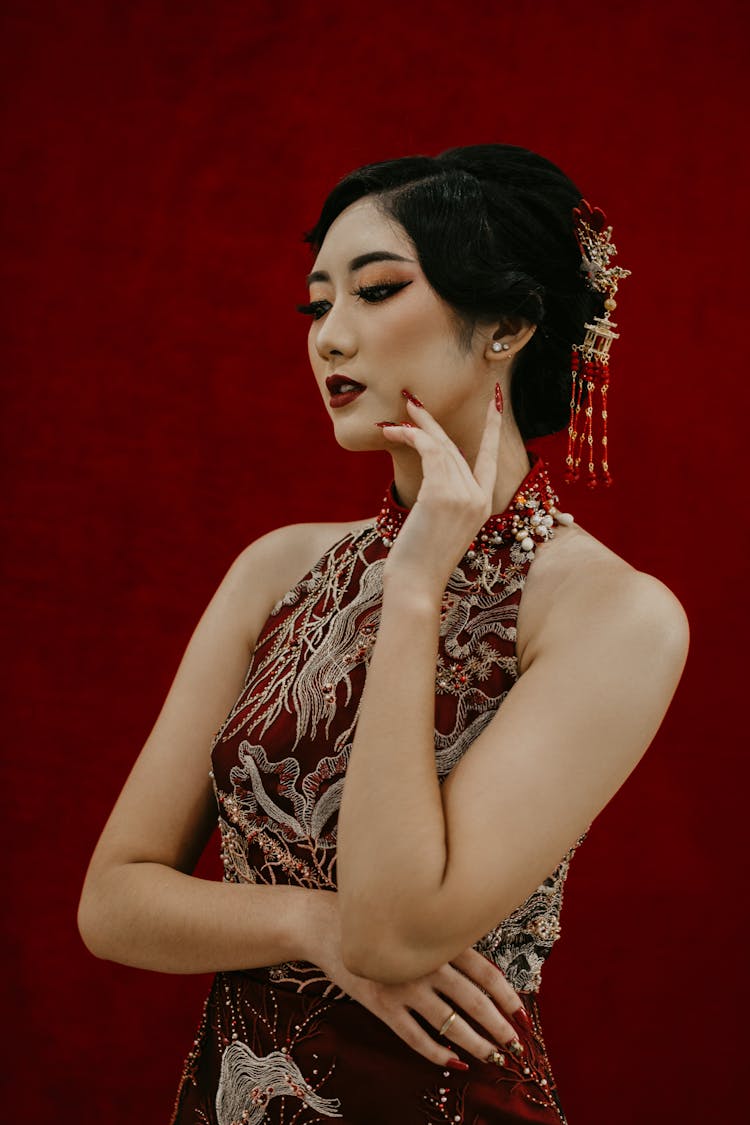 Elegant Lady In Red Qipao