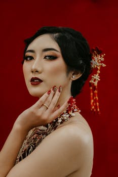 一幅身着红底传统服装的优雅亚洲女性肖像