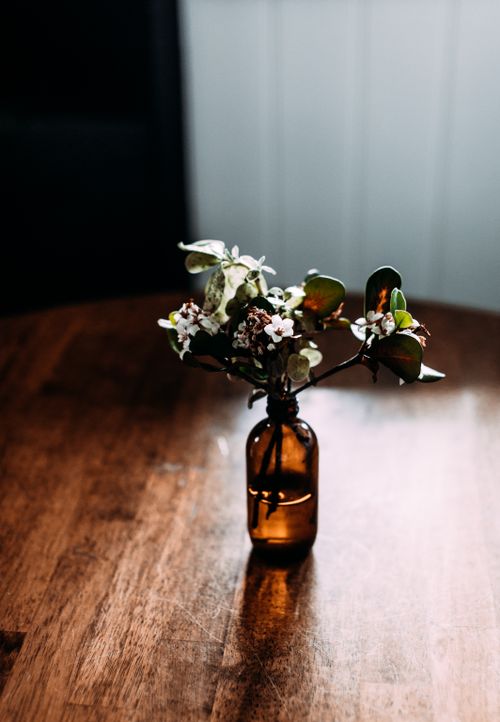 Free A simple yet elegant floral arrangement in a brown glass bottle on a wooden surface. Stock Photo