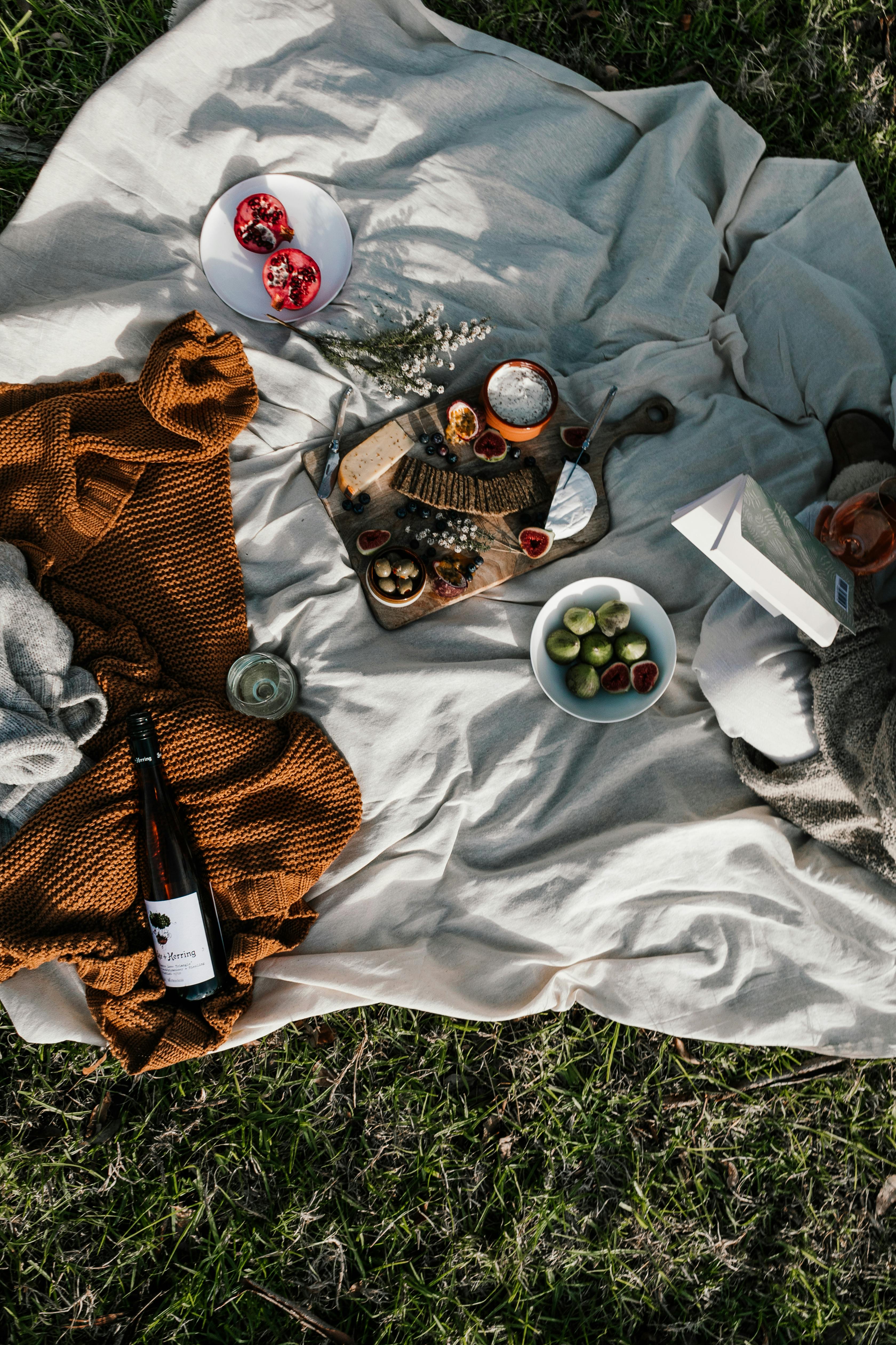 white textile on grass with wine and food