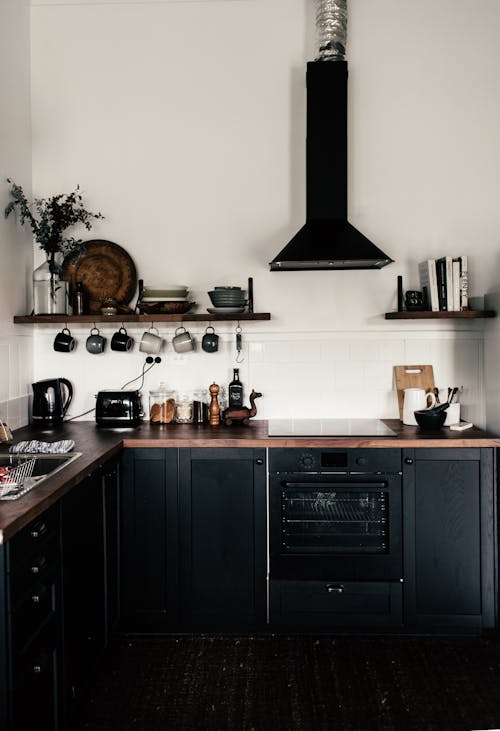 Interior of contemporary kitchen with black wooden cupboards and shelves with various utensils and appliances