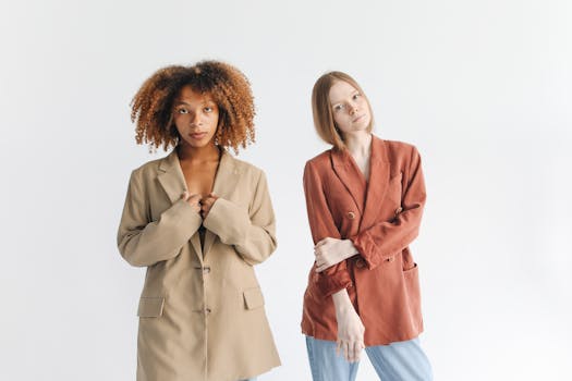 Two women modeling fashionable blazers in a studio setting with a white backdrop.
