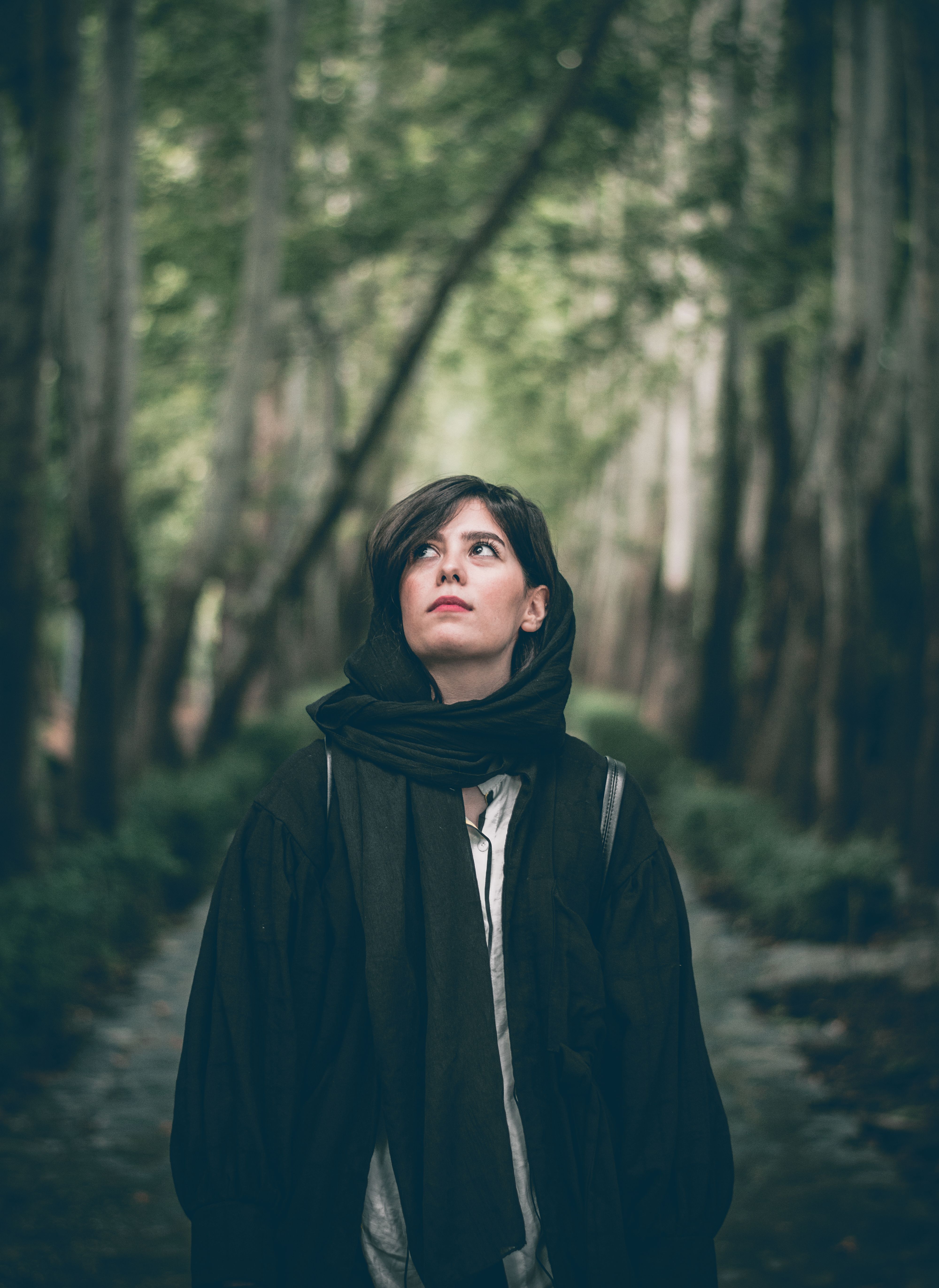 A woman stands in a serene Tehran forest, looking upwards with trees surrounding her.
