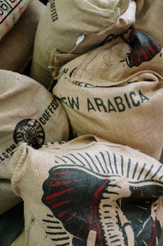 Burlap sacks filled with raw Arabica coffee beans, perfect for organic roasters.