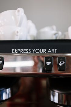 Artistic close-up of an espresso machine with cups, emphasizing coffee culture.