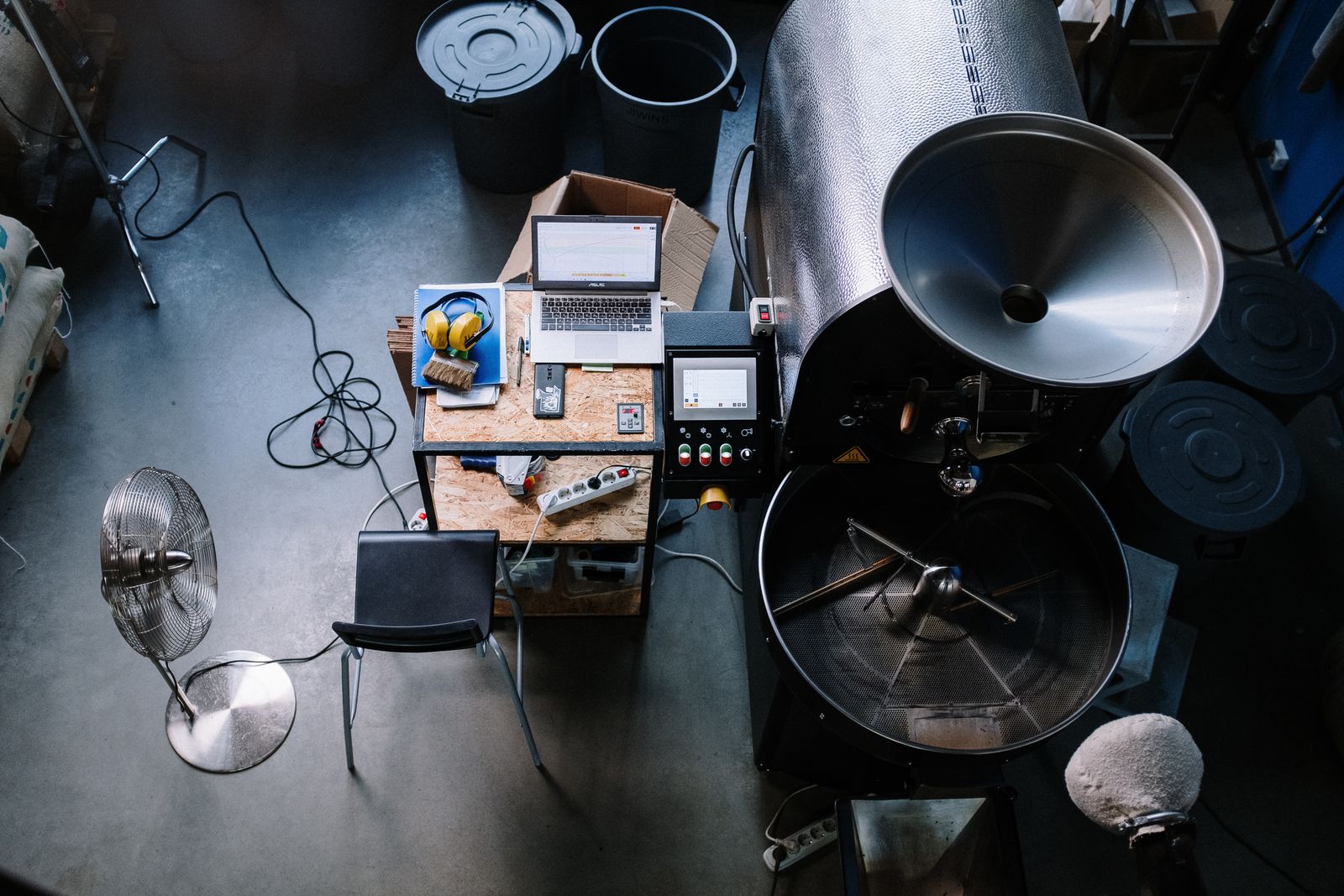 Overhead view of the roastery bench with cupping equipment