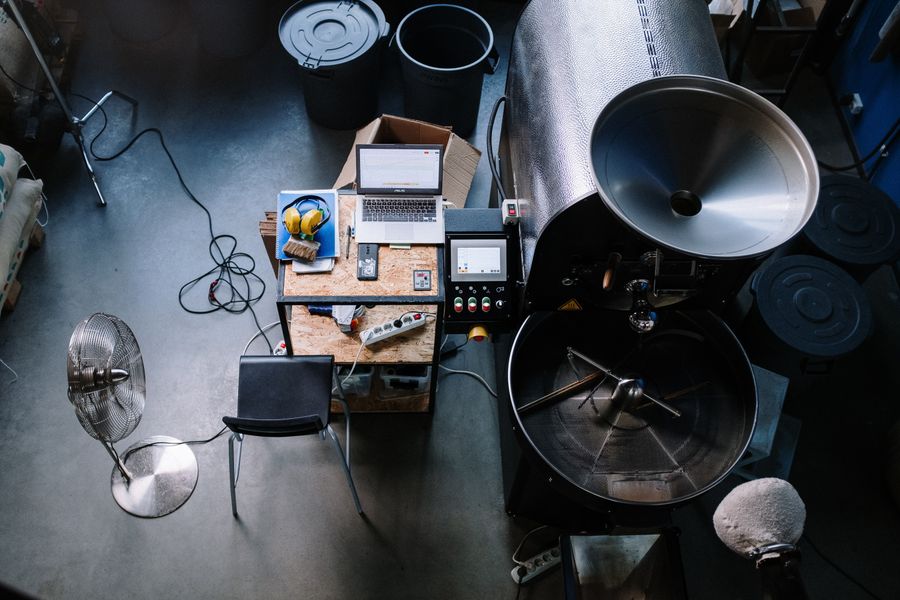 Overhead view of the roastery bench with cupping bowls