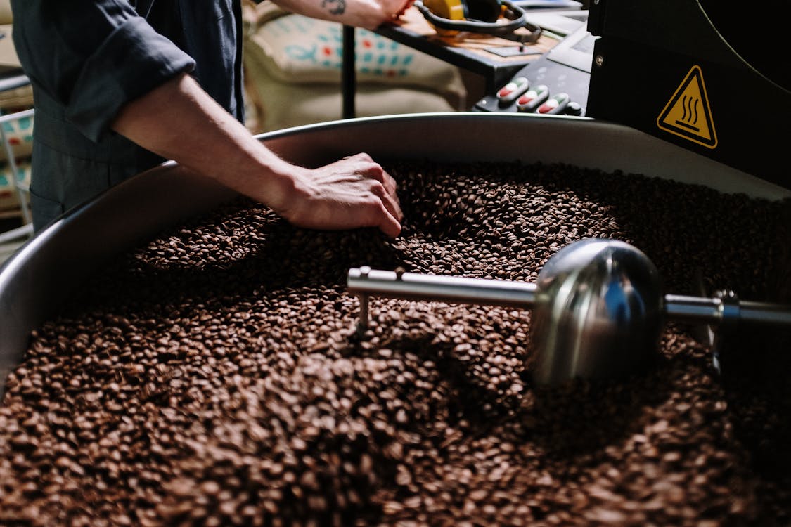 Person Holding Silver Ball on Black Round Tray and coffee beans before roasting it in a big machine
