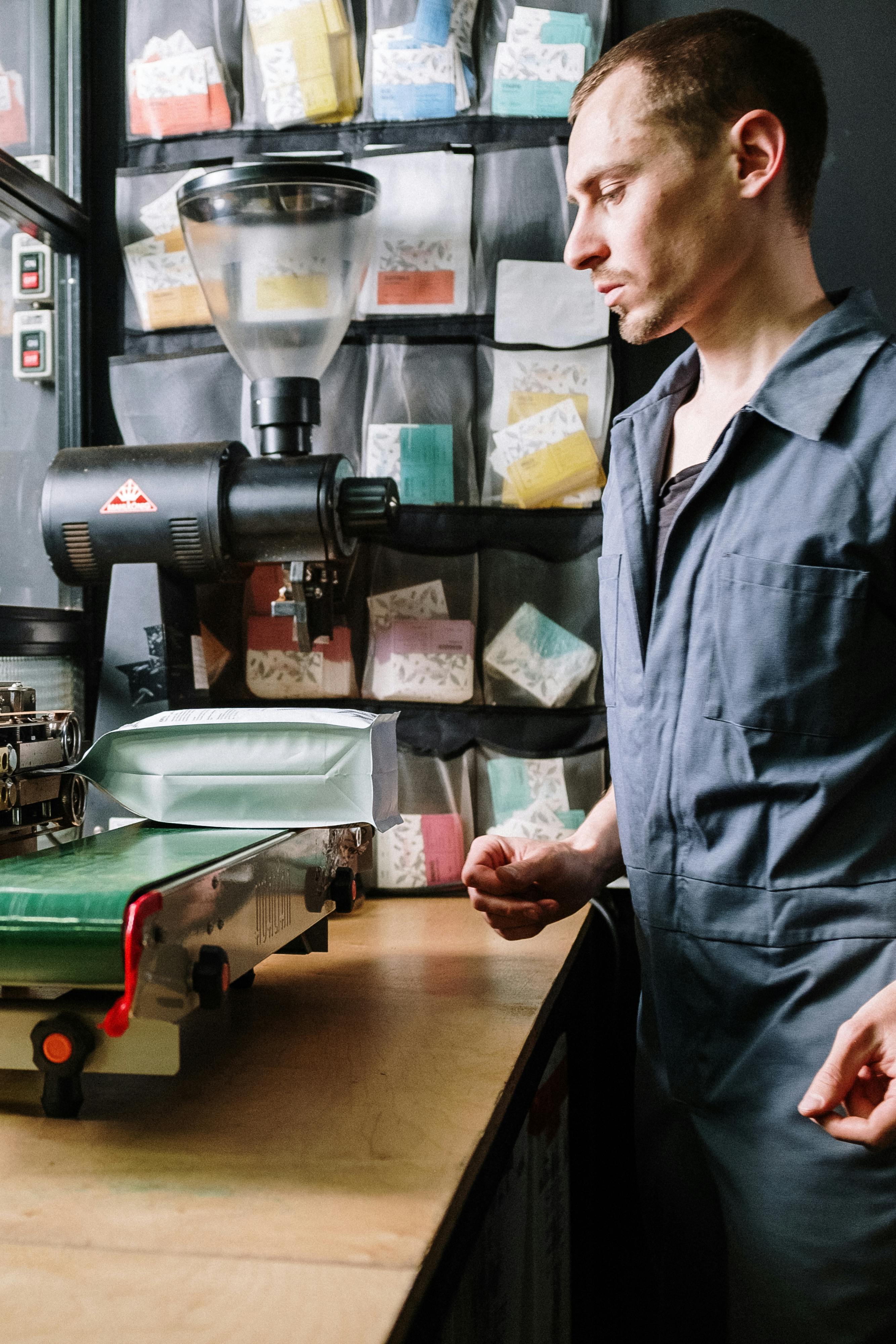 man in blue button up shirt standing in front of gray and black espresso machine