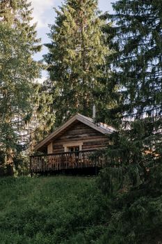 这座乡村小屋坐落在宁静的森林中，四周环绕着高大的松树，是理想的自然静修之所