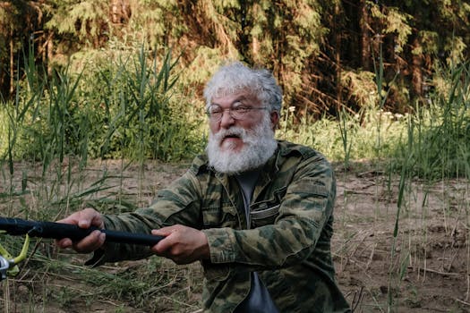 Elderly man in camouflage, fishing in lush greenery with a focused expression.