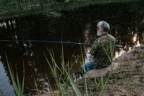 Free Senior man in camo jacket enjoys quiet fishing at a serene riverbank surrounded by nature. Stock Photo