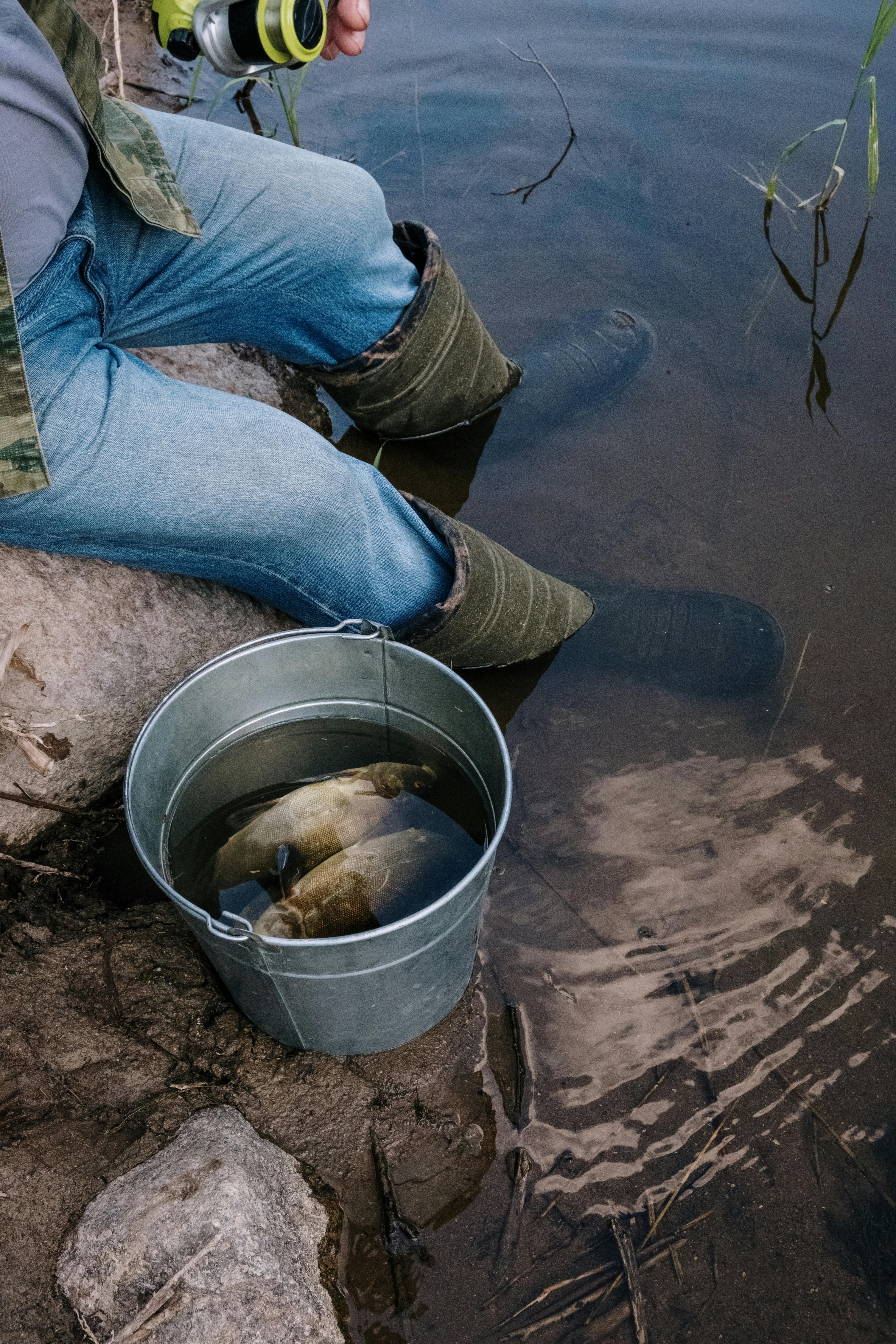 Fisherman sitting by a lake with fish in a bucket, enjoying a peaceful outdoor hobby.