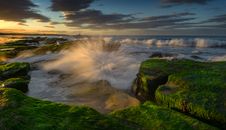 Strong Waves at Rocky Coast with Moss