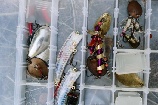 Top view of various fishing lures in a compartmentalized tackle box, showcasing vibrant fishing gear.