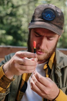 A man attentively setting up fishing tackle, showcasing concentration and skill in an outdoor setting.