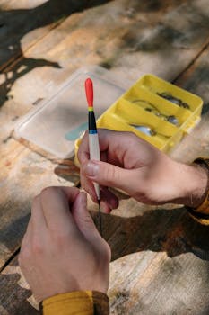 Detailed close-up of a person handling fishing tackle with colorful float and box on a wooden surface.