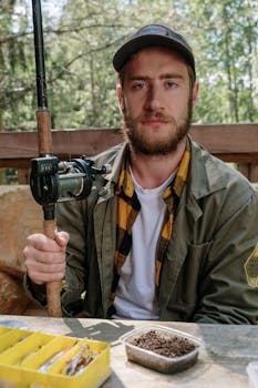 A bearded man holding a fishing rod outdoors with fishing gear spread on the table.
