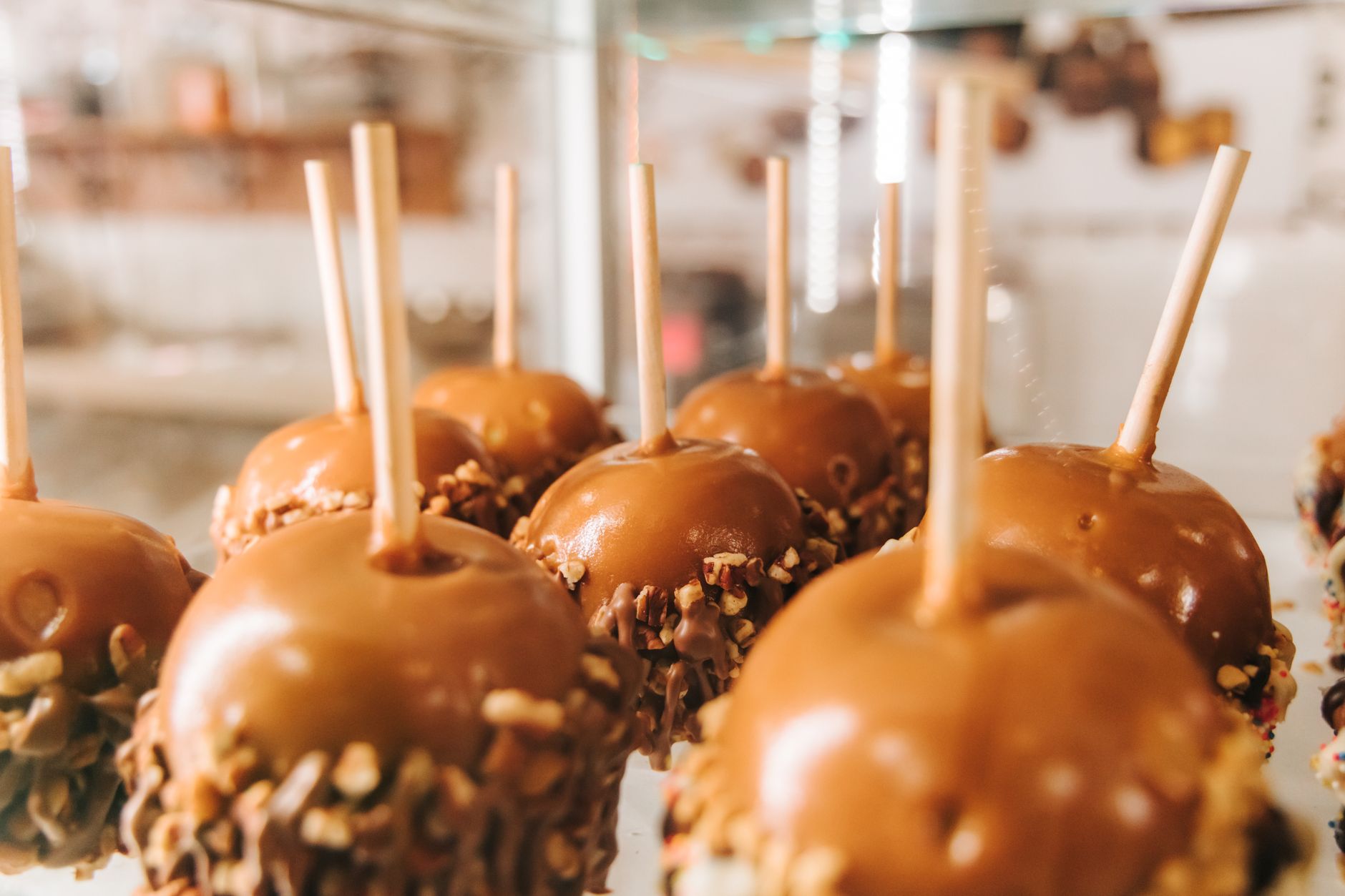 Caramel apple slices dipped in golden caramel