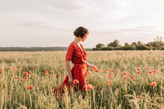 A woman in a red dress with short hair walks through a vibrant field of poppies on a sunny day.